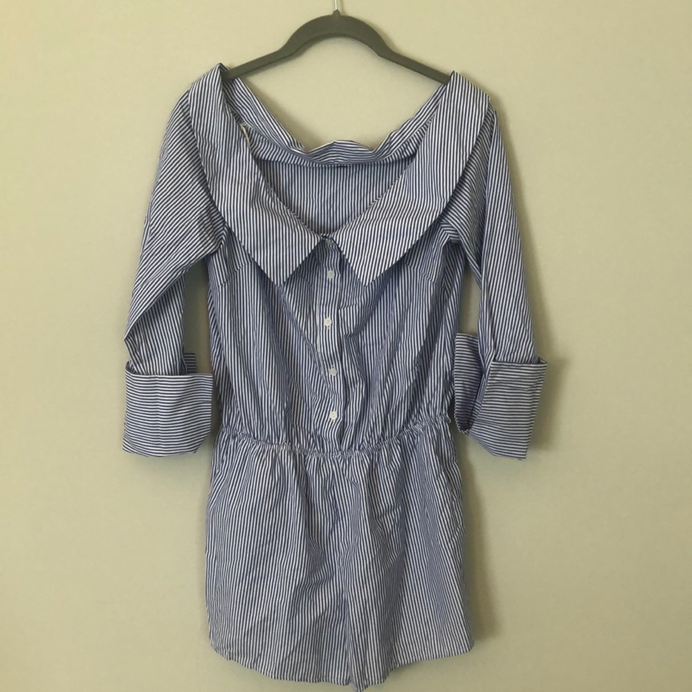 Off the shoulder blue striped romper